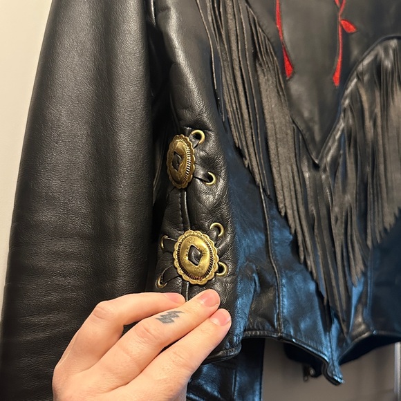 Black Leather Jacket with Red Suede Roses - Picture 3 of 6